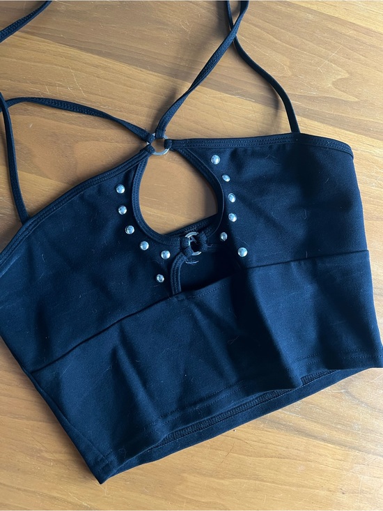 I.AM.GIA Tops - I.AM.GIA Black Studded Keyhole Halter Crop